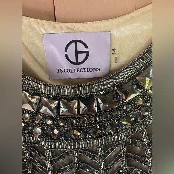 NWT JS Collections Beaded Illusion Neckline Pleated Gown Dress Gray Sz 14 $328 - Picture 6 of 7